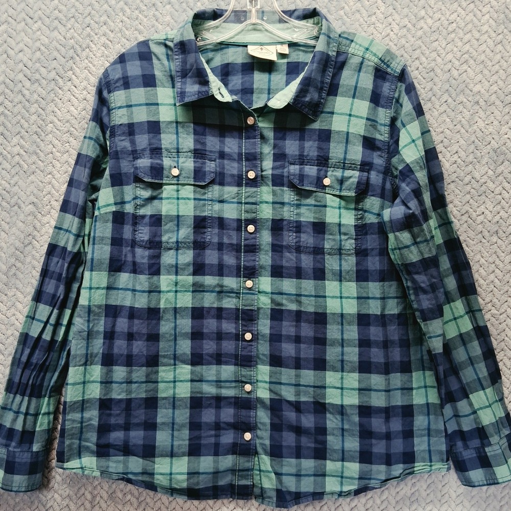 St. Johns Bay Womens XL Blue Teal Plaid Button Down 100% Cotton Shirt Cabincore